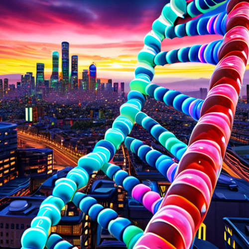Home 4 **Genomics Revolution:** A vibrant DNA strand with swirling colors representing genetic information, merging into a futuristic cityscape symbolizing personalized medicine and AI integration in healthcare.