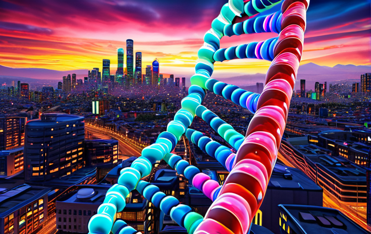 **Genomics Revolution:** A vibrant DNA strand with swirling colors representing genetic information, merging into a futuristic cityscape symbolizing personalized medicine and AI integration in healthcare.