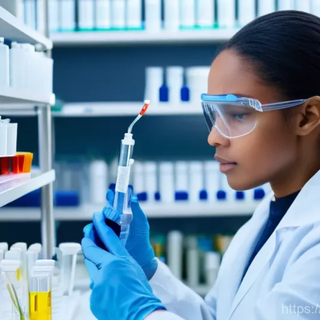 임상병리사 실제 업무 사례 - A diligent medical laboratory technician, a young woman with her hair neatly tied back, wearing a cr...