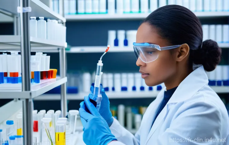 임상병리사 실제 업무 사례 - A diligent medical laboratory technician, a young woman with her hair neatly tied back, wearing a cr...