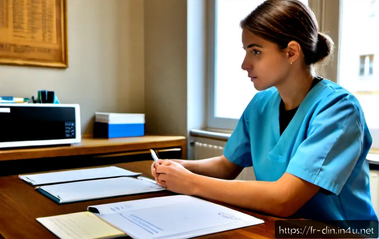 임상병리사 자격증 시험 후기 - Photorealistic French clinical laboratory certification exam review scene, focused young laboratory ...