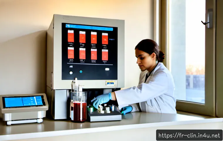 임상병리사의 주 52시간 근무제 - Photorealistic French hospital clinical laboratory at the end of a regulated workday, a laboratory t...
