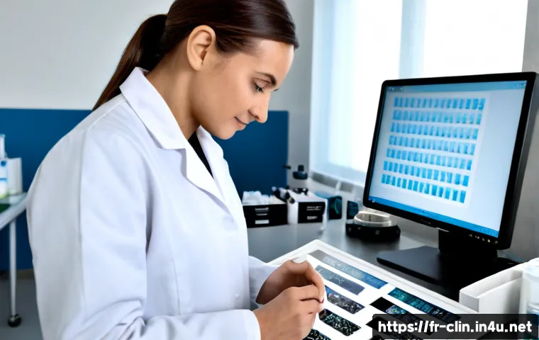 임상병리사 병리 결과 보고 사례 - Photorealistic clinical pathology laboratory in a modern French hospital, a focused medical laborato...