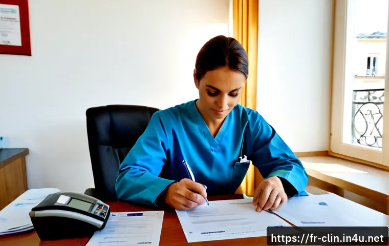 임상병리사 자격증 재발급 절차 - Photorealistic French medical laboratory technician at a clean home office desk, carefully organizin...